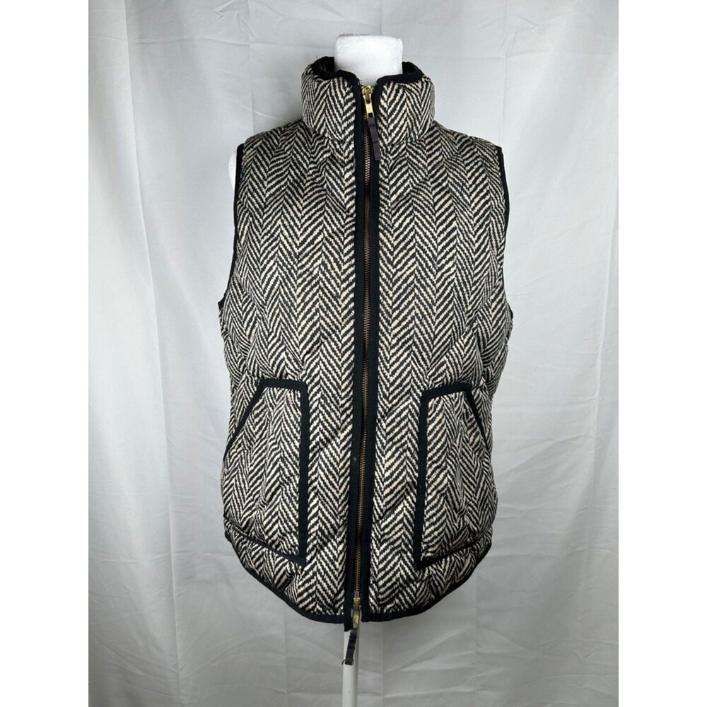 J Crew Excursion Puffer Down Vest Medium Herringbone Quilted Black Cream